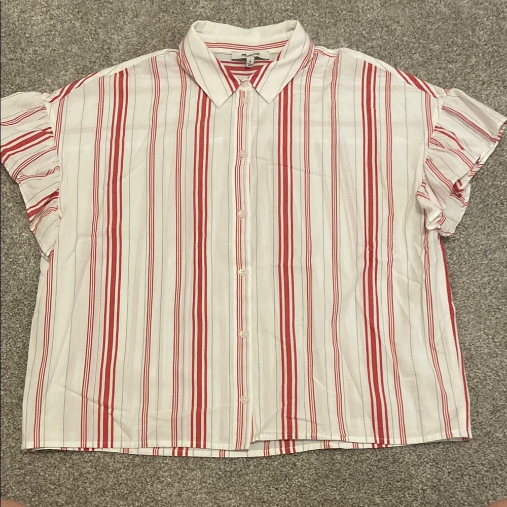 Madewell Striped Button-Up Shirt with ruffle sleeves red, white, black ❤️🤍🖤